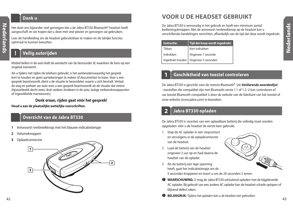 Voor u de headset gebruikt, Ned er la n d s | Jabra BT330 User Manual | Page 23 / 64