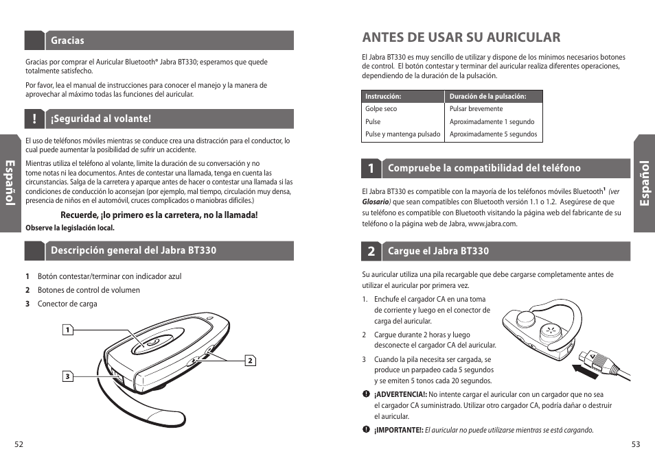 Antes de usar su auricular, Es p añ o l | Jabra BT330 User Manual | Page 28 / 64