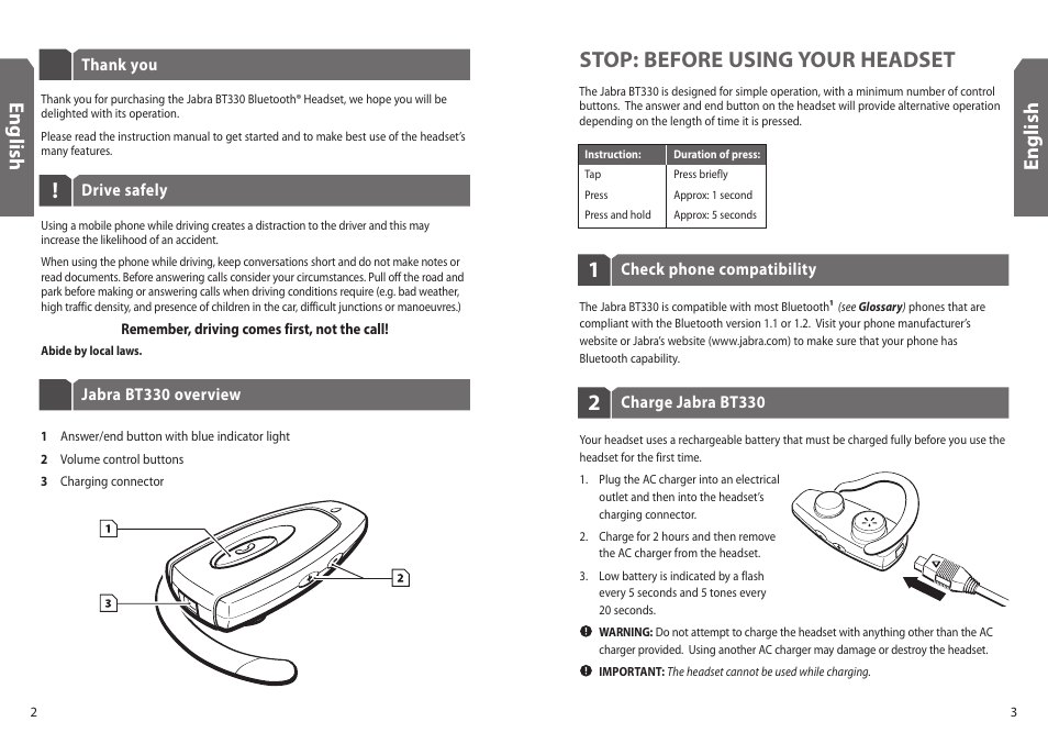 Stop: before using your headset, En g lis h en g lis h | Jabra BT330 User Manual | Page 3 / 64