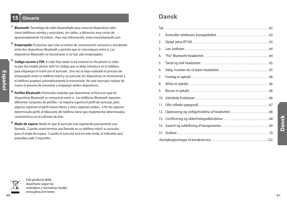 Dansk, Es p añ o l, Dan sk | Jabra BT330 User Manual | Page 32 / 64
