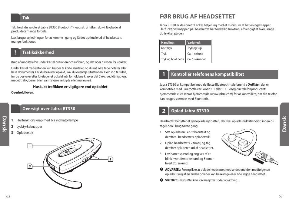 Før brug af headsettet, Dan sk | Jabra BT330 User Manual | Page 33 / 64