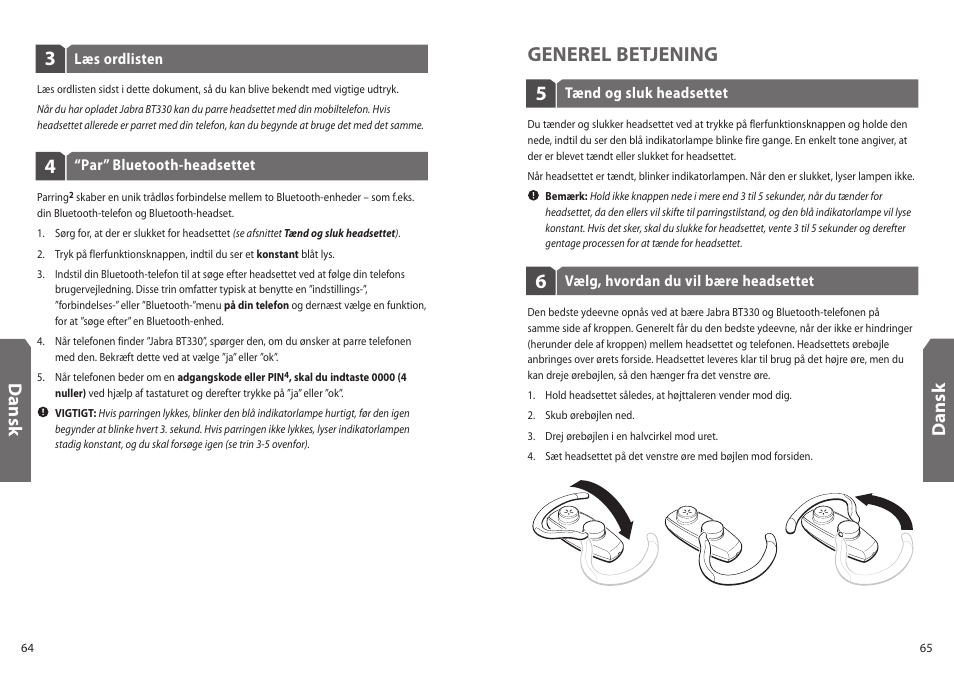 5generel betjening, Dan sk | Jabra BT330 User Manual | Page 34 / 64