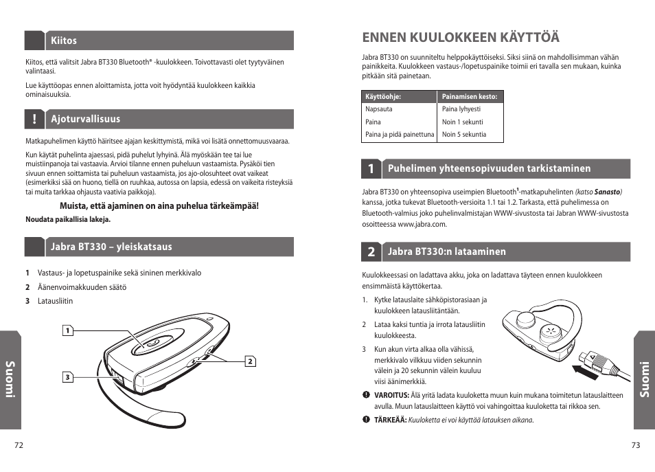 Ennen kuulokkeen käyttöä, Su o m i | Jabra BT330 User Manual | Page 38 / 64