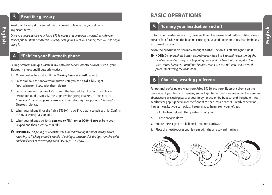 5basic operations, En g lis h en g lis h | Jabra BT330 User Manual | Page 4 / 64