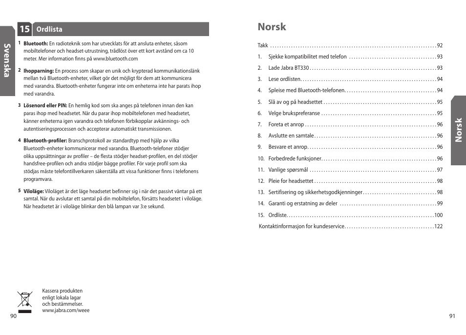 Norsk, Sv en sk a, No rs k | Jabra BT330 User Manual | Page 47 / 64