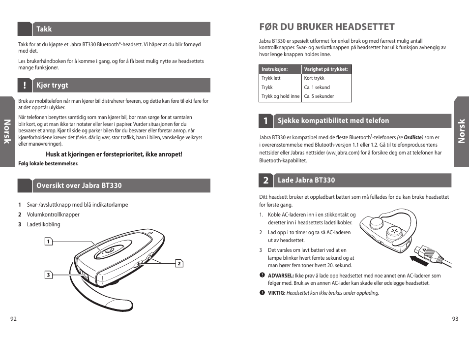 Før du bruker headsettet, No rs k | Jabra BT330 User Manual | Page 48 / 64