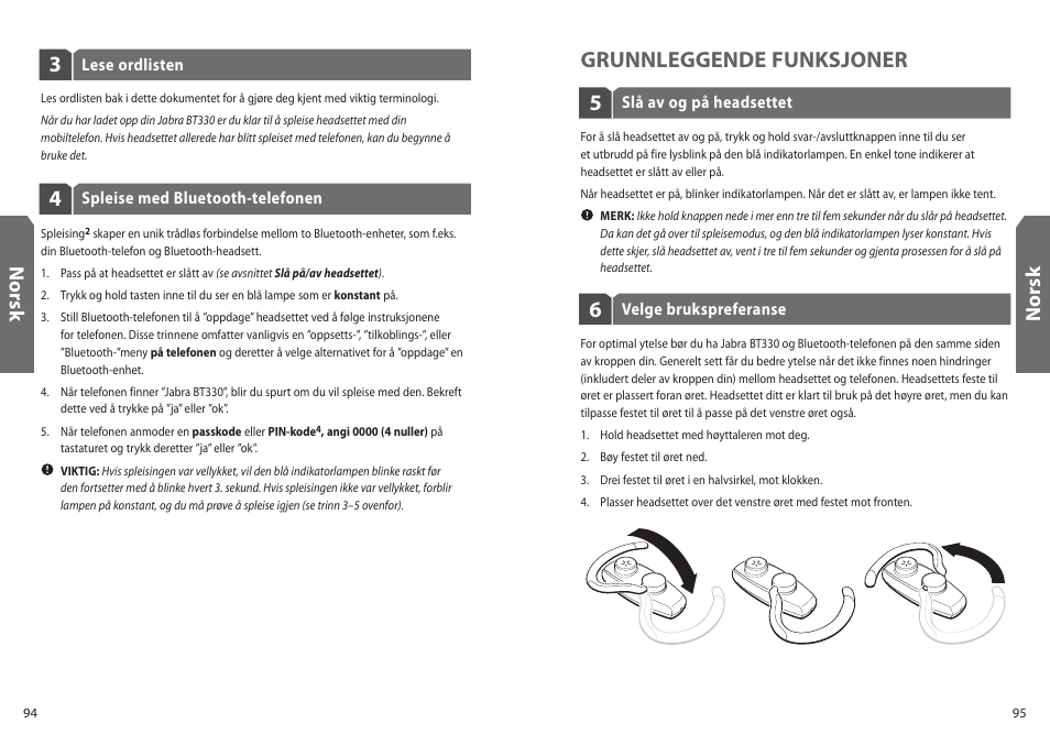 5grunnleggende funksjoner, No rs k | Jabra BT330 User Manual | Page 49 / 64