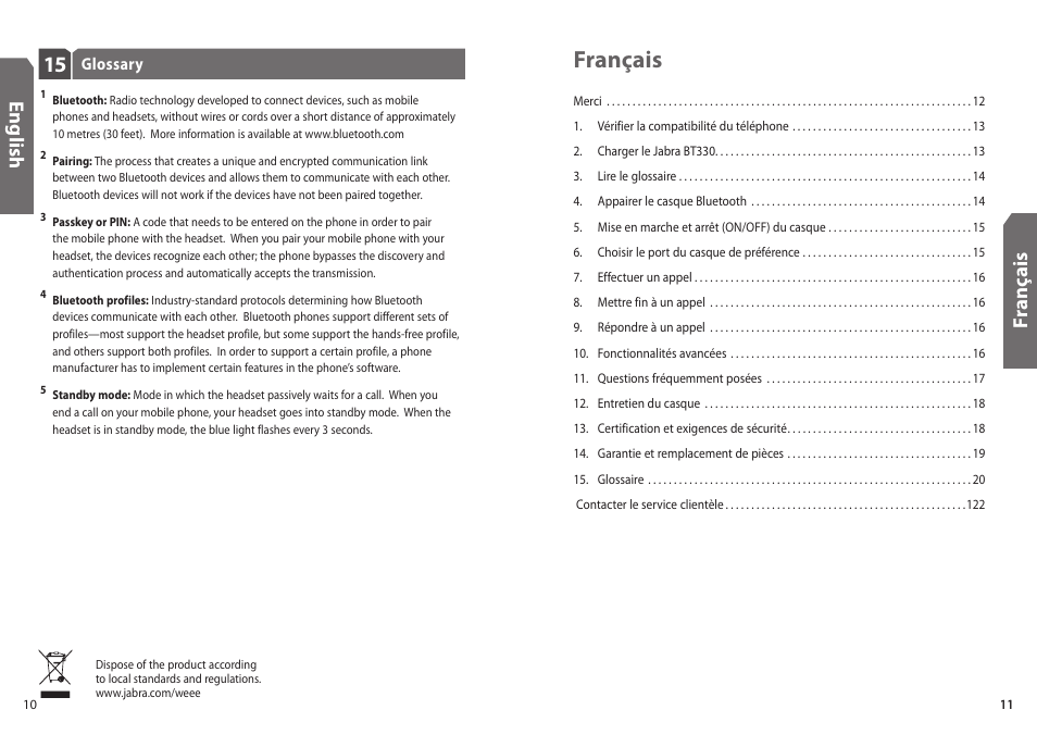 Français, Fr an ça is, En g lis h | Jabra BT330 User Manual | Page 7 / 64