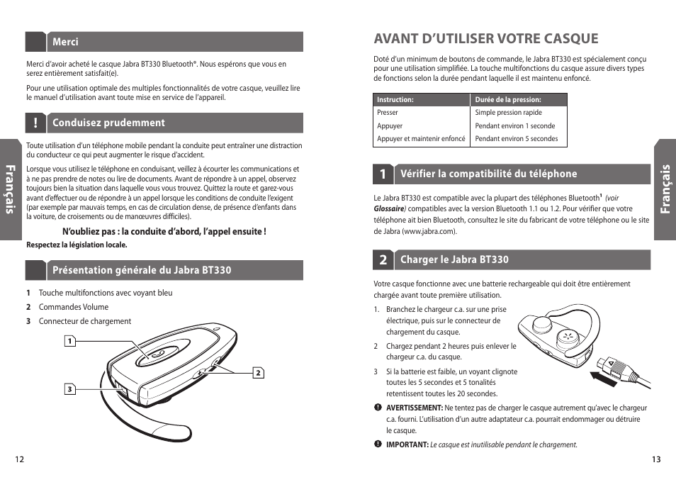 Avant d’utiliser votre casque, Fr an ça is | Jabra BT330 User Manual | Page 8 / 64