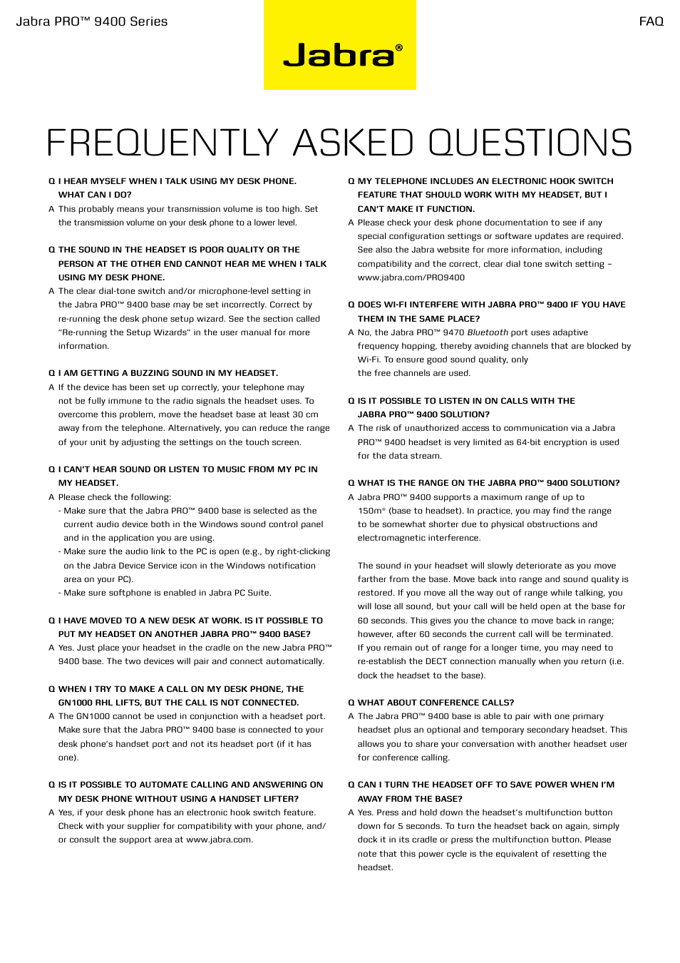 Frequently asked questions, Jabra pro™ 9400 series | Jabra PRO 9400 User Manual | Page 2 / 3