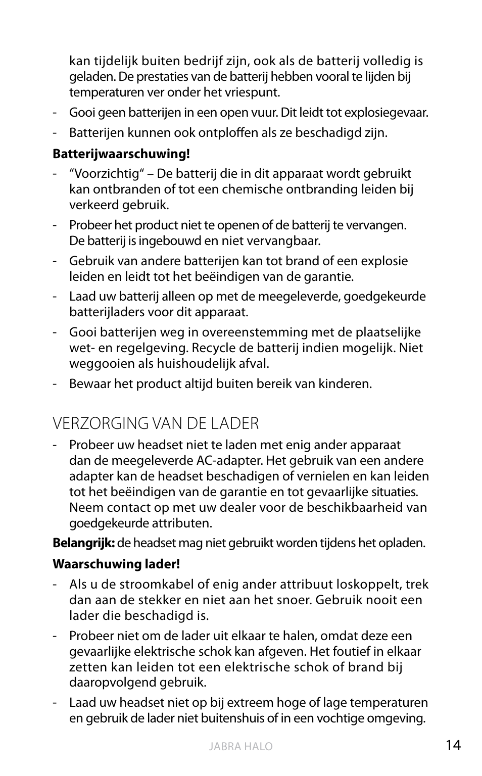 English, Verzorging van de lader | Jabra HALO BT650s User Manual | Page 175 / 518