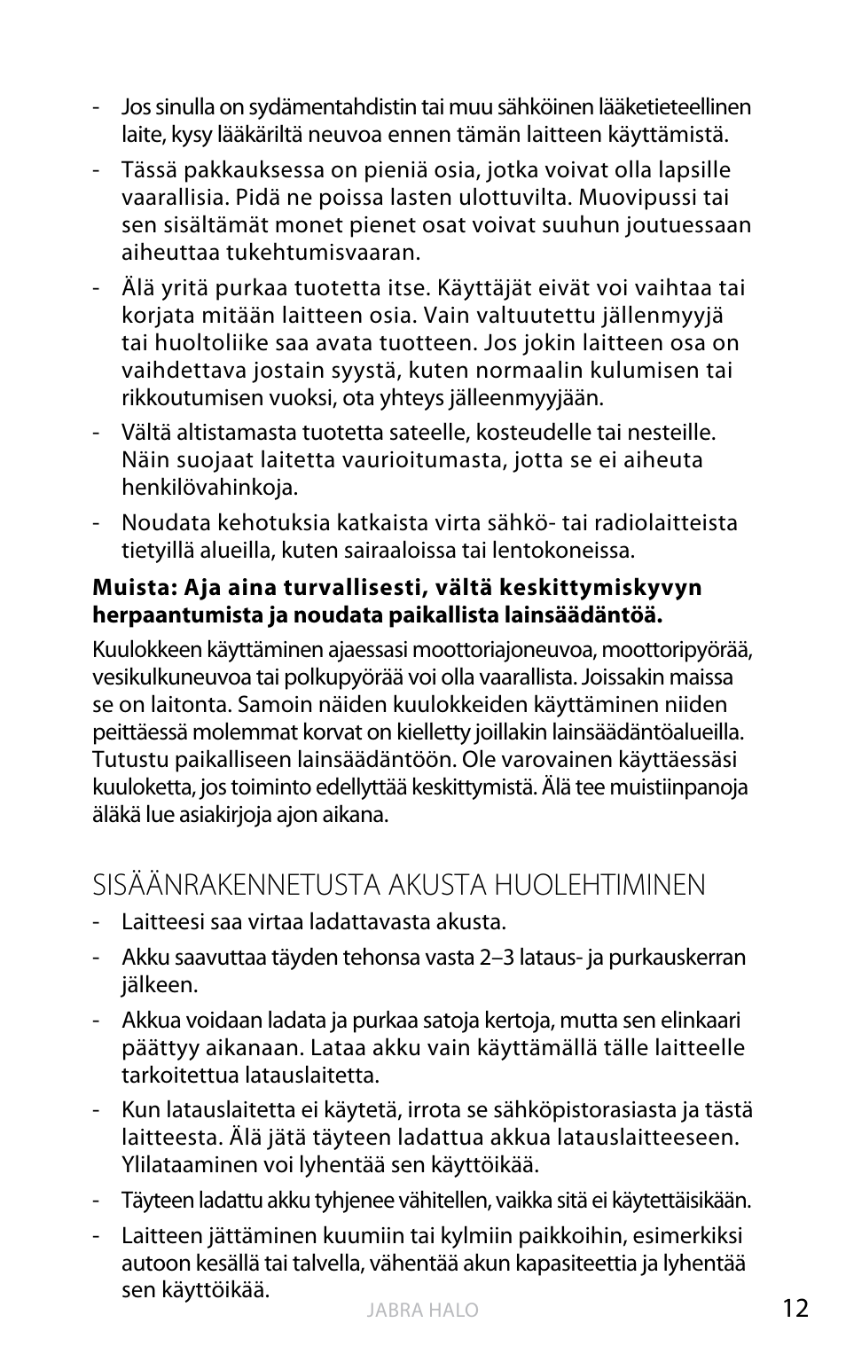 Suomi, Sisäänrakennetusta akusta huolehtiminen | Jabra HALO BT650s User Manual | Page 191 / 518