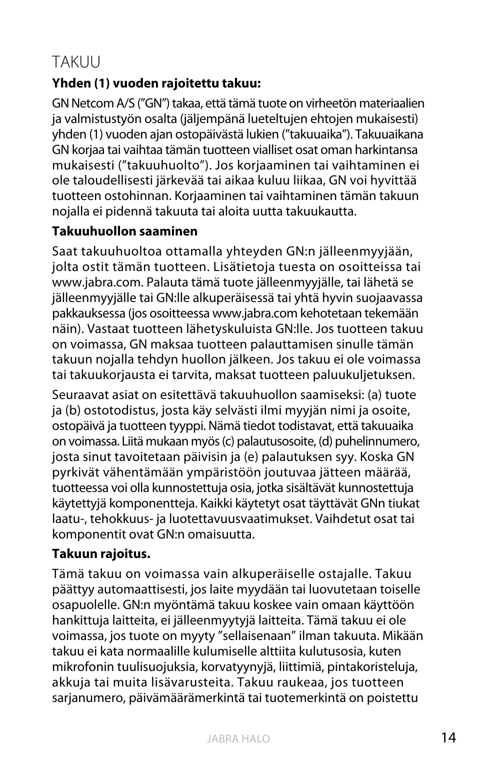 Suomi, Takuu | Jabra HALO BT650s User Manual | Page 193 / 518