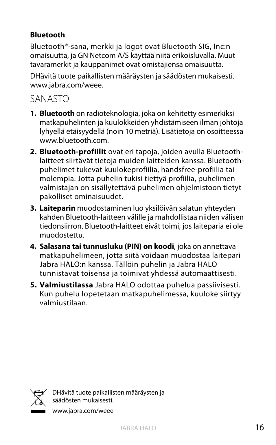 Suomi, Sanasto | Jabra HALO BT650s User Manual | Page 195 / 518