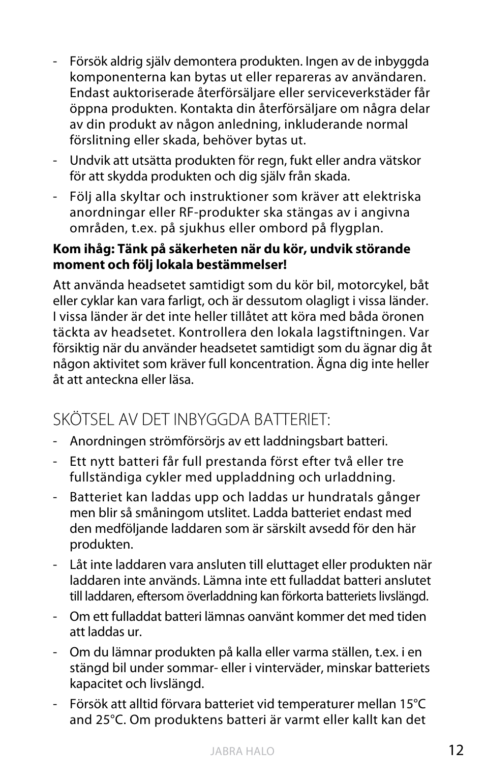 English, Skötsel av det inbyggda batteriet | Jabra HALO BT650s User Manual | Page 207 / 518