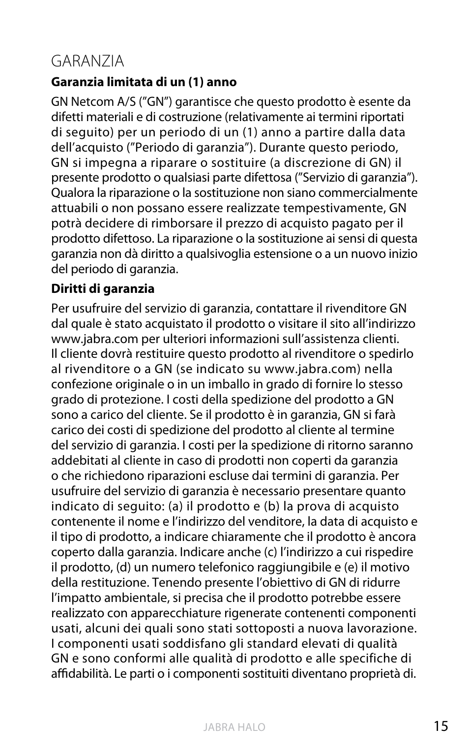 English, Garanzia | Jabra HALO BT650s User Manual | Page 226 / 518