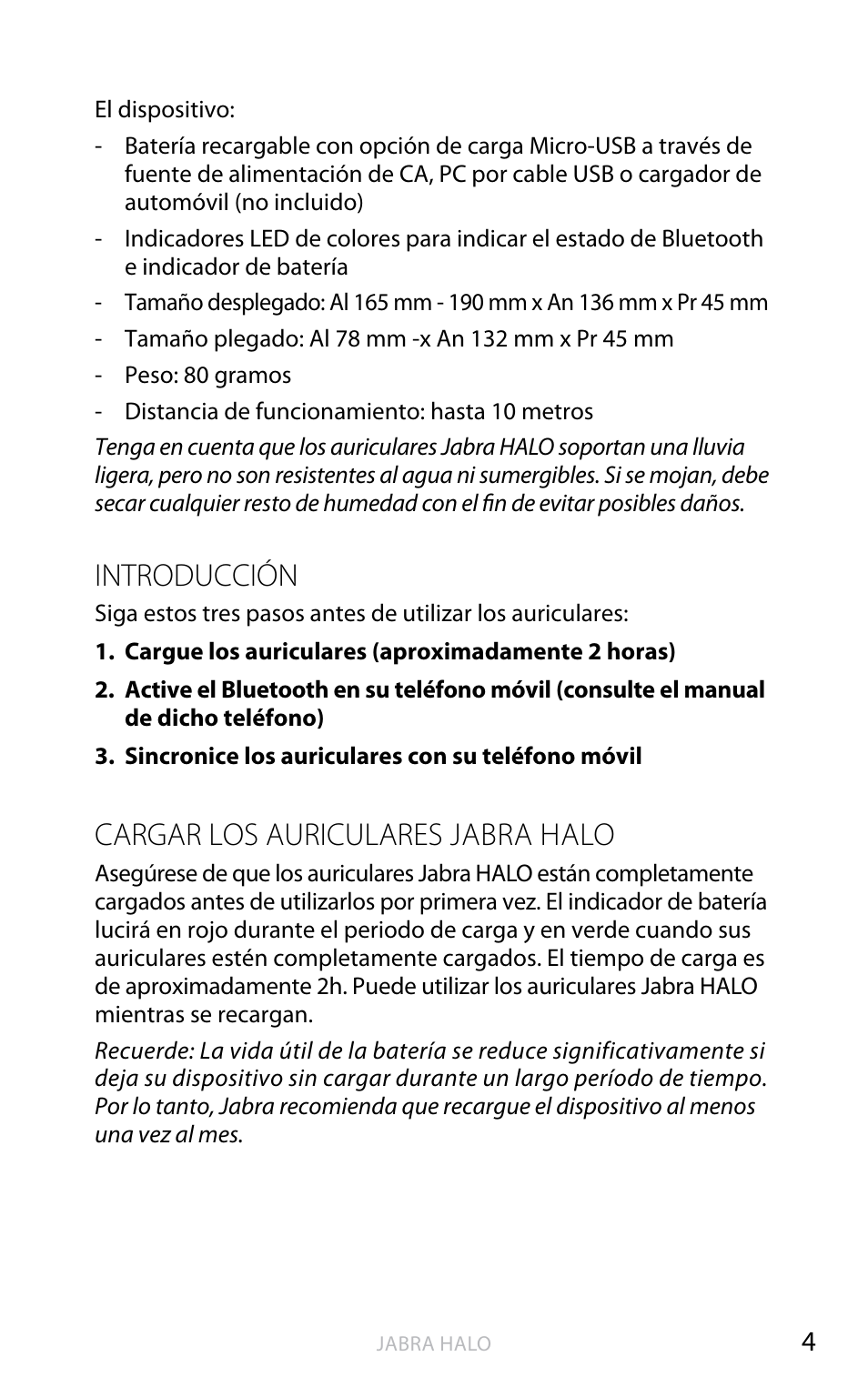 English, Introducción, Cargar los auriculares jabra halo | Jabra HALO BT650s User Manual | Page 252 / 518