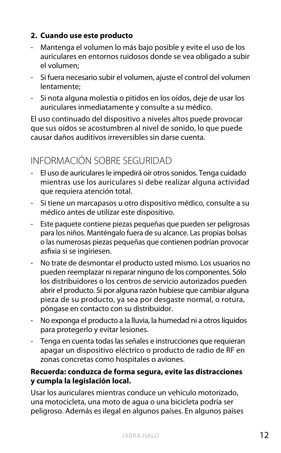 English, Información sobre seguridad | Jabra HALO BT650s User Manual | Page 260 / 518