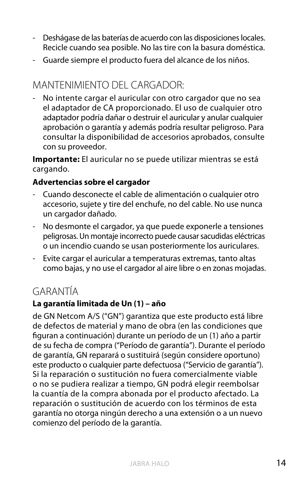 English, Mantenimiento del cargador, Garantía | Jabra HALO BT650s User Manual | Page 262 / 518