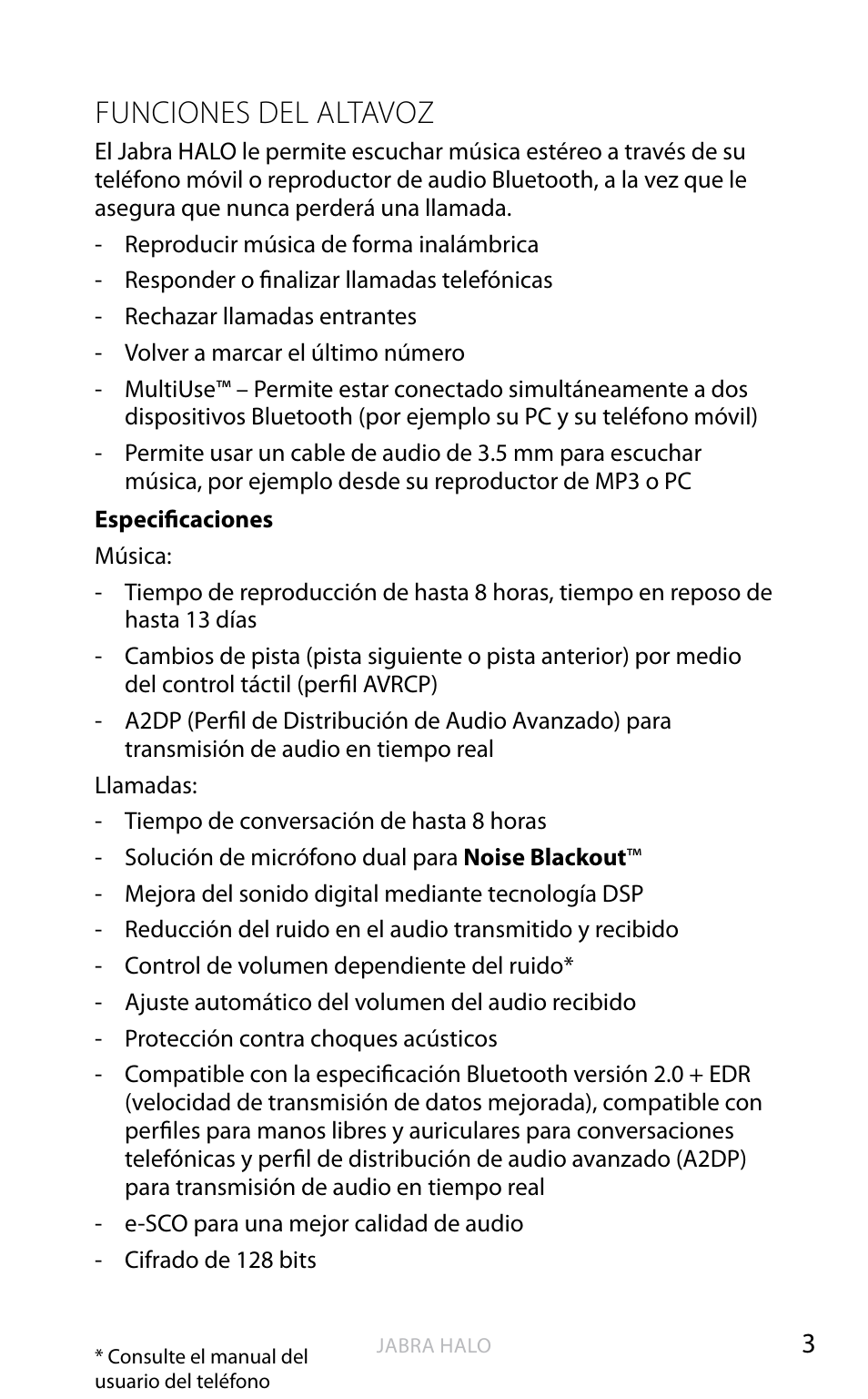 English, Funciones del altavoz | Jabra HALO BT650s User Manual | Page 268 / 518