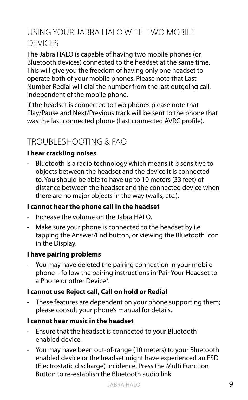 English, Using your jabra halo with two mobile devices, Troubleshooting & faq | Jabra HALO BT650s User Manual | Page 28 / 518