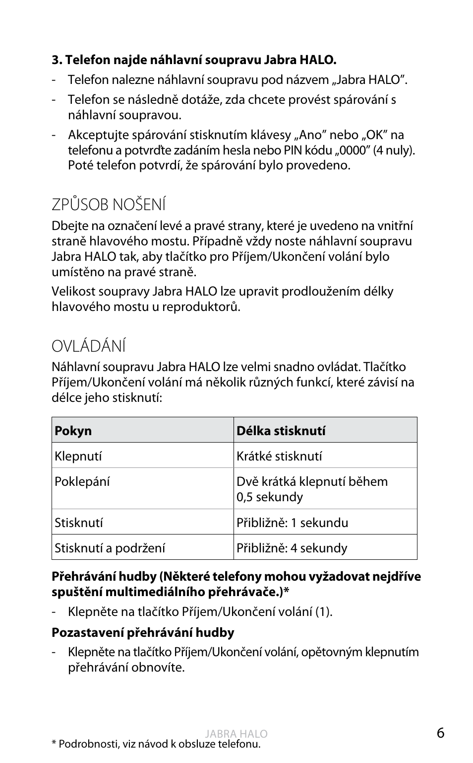 Česk y, Způsob nošení, Ovládání | Jabra HALO BT650s User Manual | Page 290 / 518