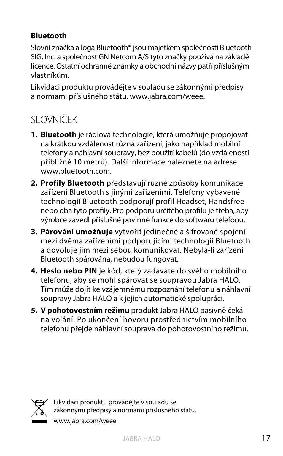 Česk y, Slovníček | Jabra HALO BT650s User Manual | Page 301 / 518