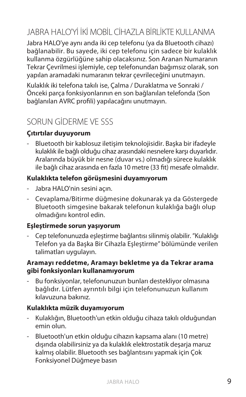 Türk çe, Jabra halo'yi iki mobil cihazla birlikte kullanma, Sorun giderme ve sss | Jabra HALO BT650s User Manual | Page 346 / 518