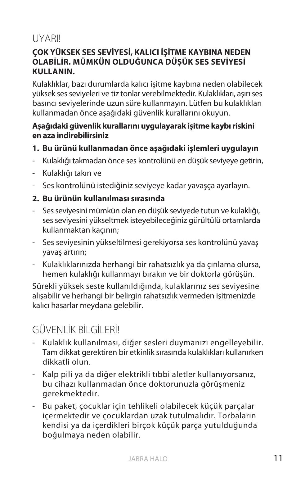 Türk çe, Uyarı, Güvenlik bilgileri | Jabra HALO BT650s User Manual | Page 348 / 518