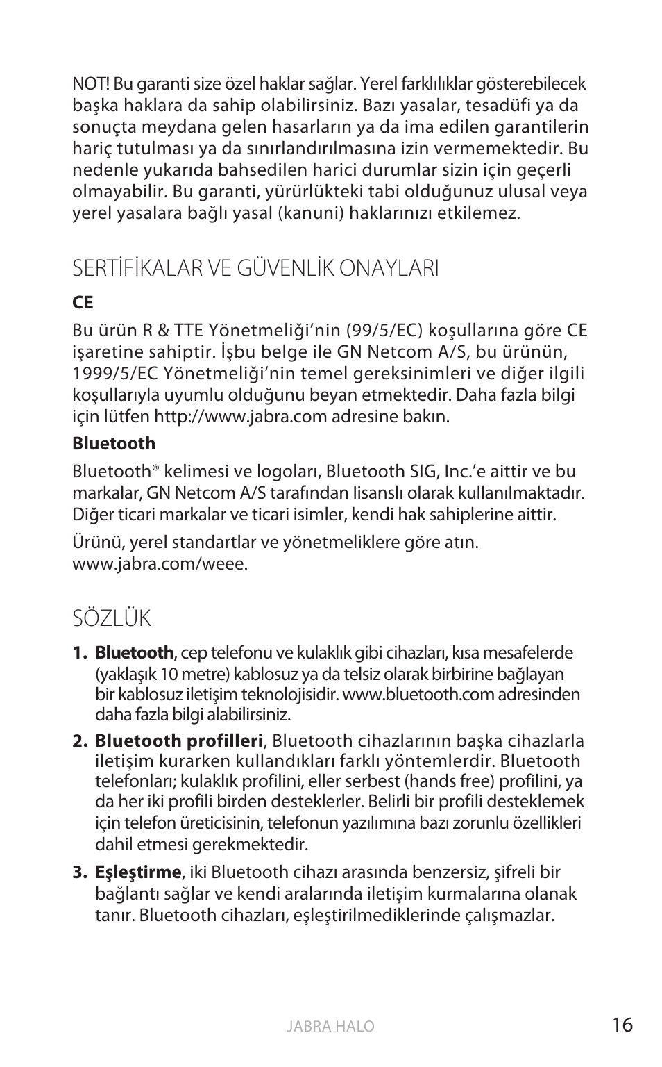 Türk çe, Sertifikalar ve güvenlik onayları, Sözlük | Jabra HALO BT650s User Manual | Page 353 / 518