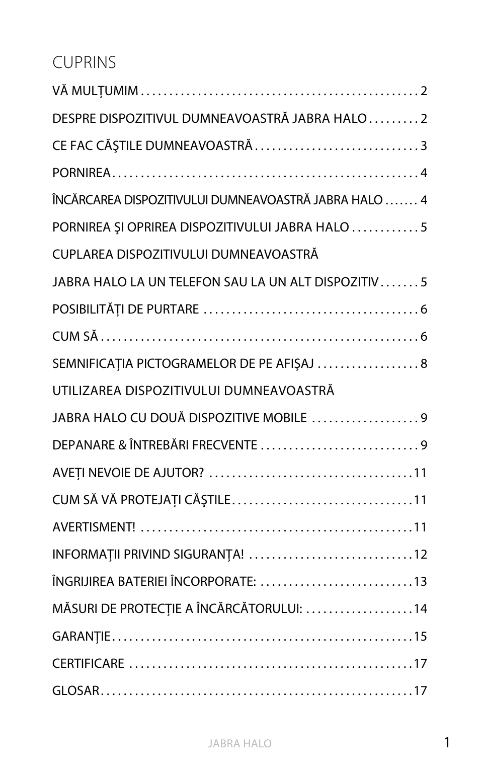 Română (faceţi clic aici pentru manual), Limb a eng lez ă, Cuprins | Jabra HALO BT650s User Manual | Page 372 / 518