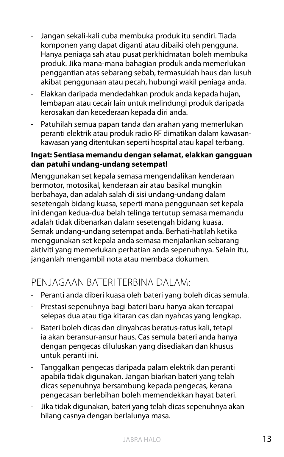 Bahasa inggeris, Penjagaan bateri terbina dalam | Jabra HALO BT650s User Manual | Page 500 / 518