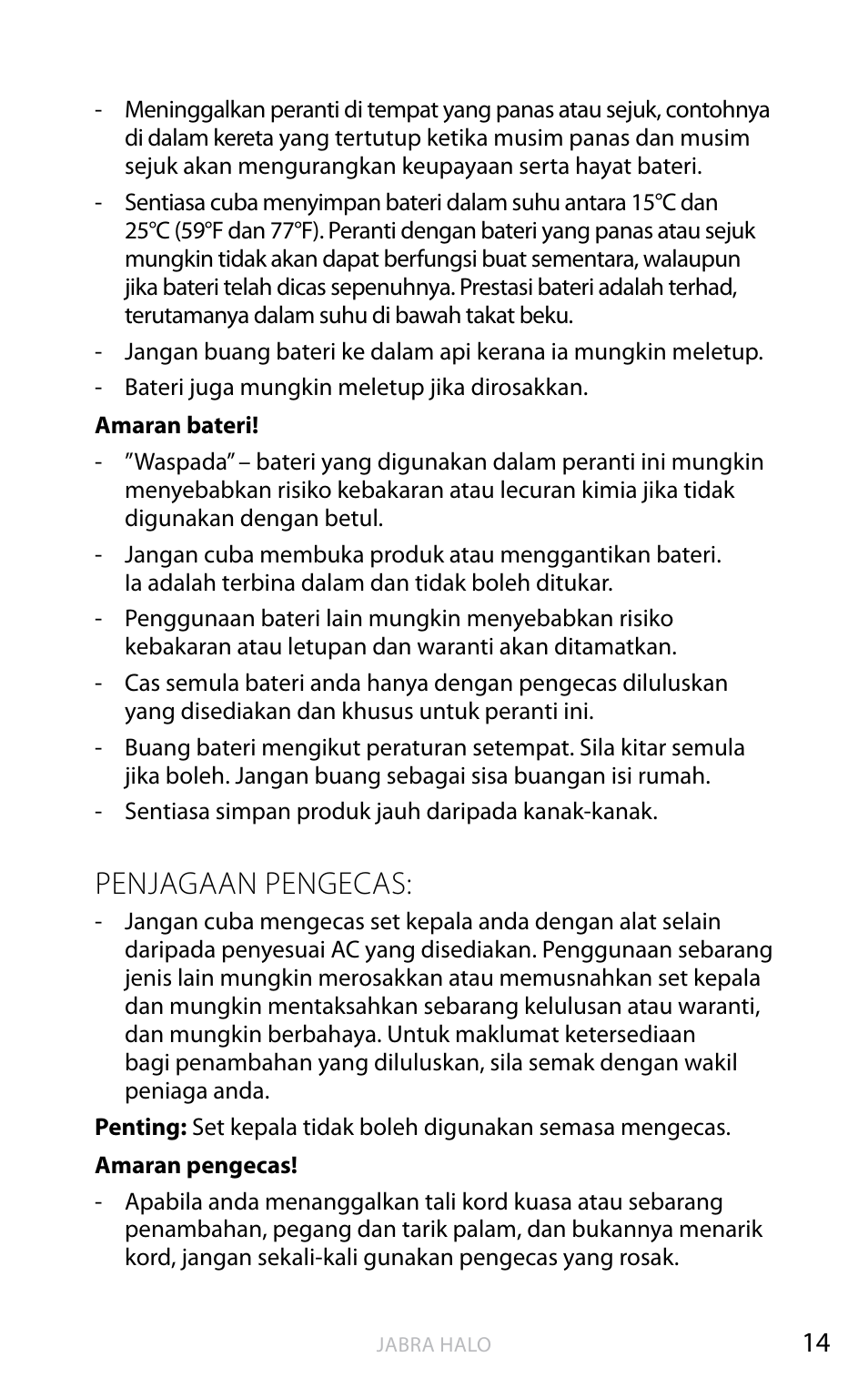 Bahasa inggeris, Penjagaan pengecas | Jabra HALO BT650s User Manual | Page 501 / 518