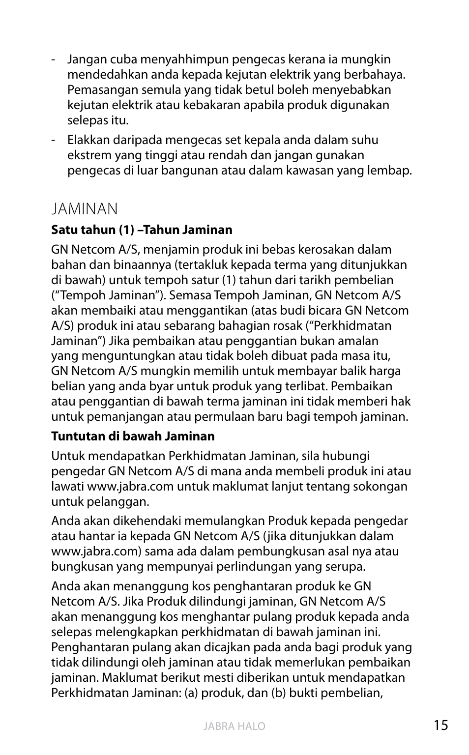 Bahasa inggeris, Jaminan | Jabra HALO BT650s User Manual | Page 502 / 518