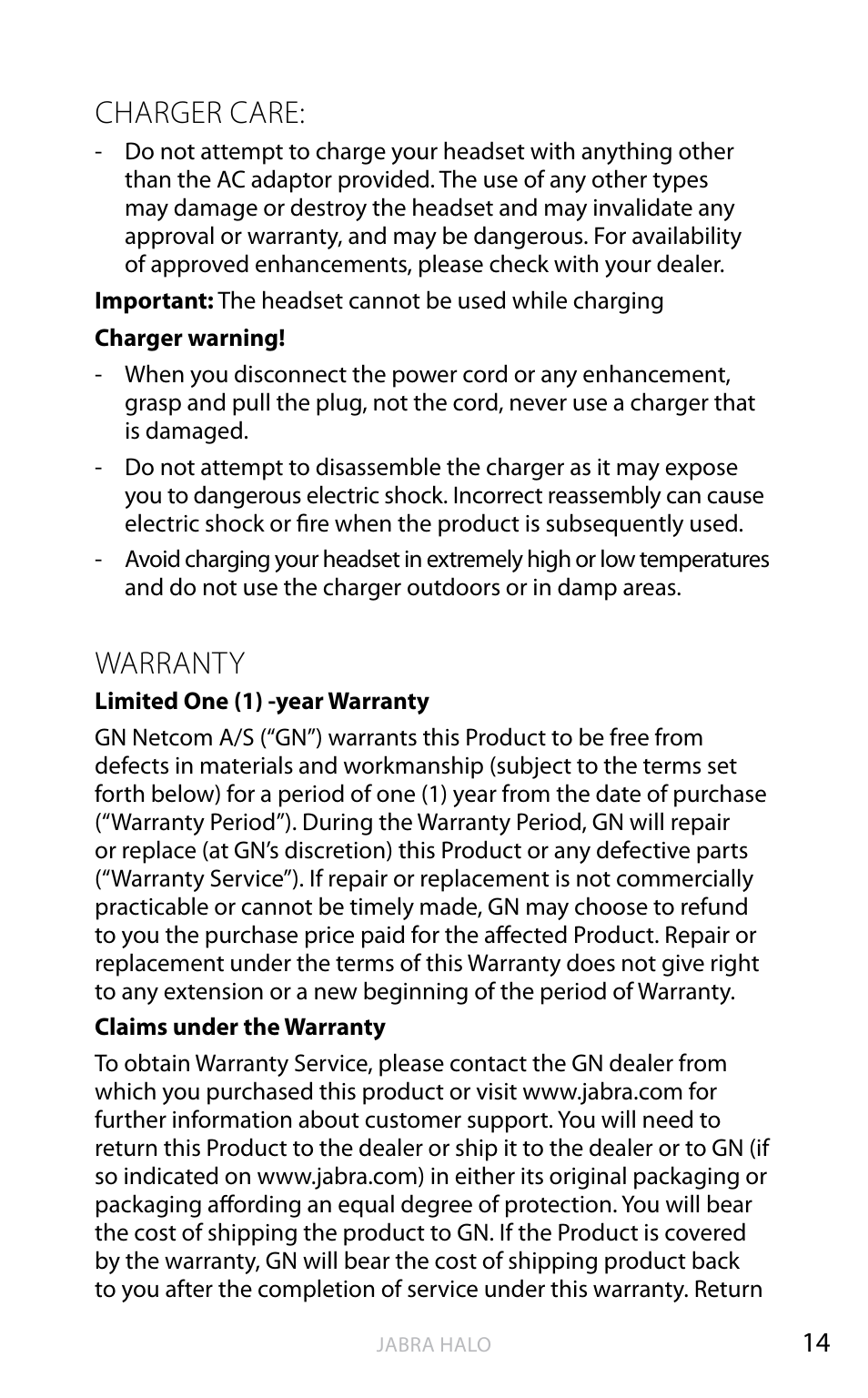 English, Charger care, Warranty | Jabra HALO BT650s User Manual | Page 51 / 518