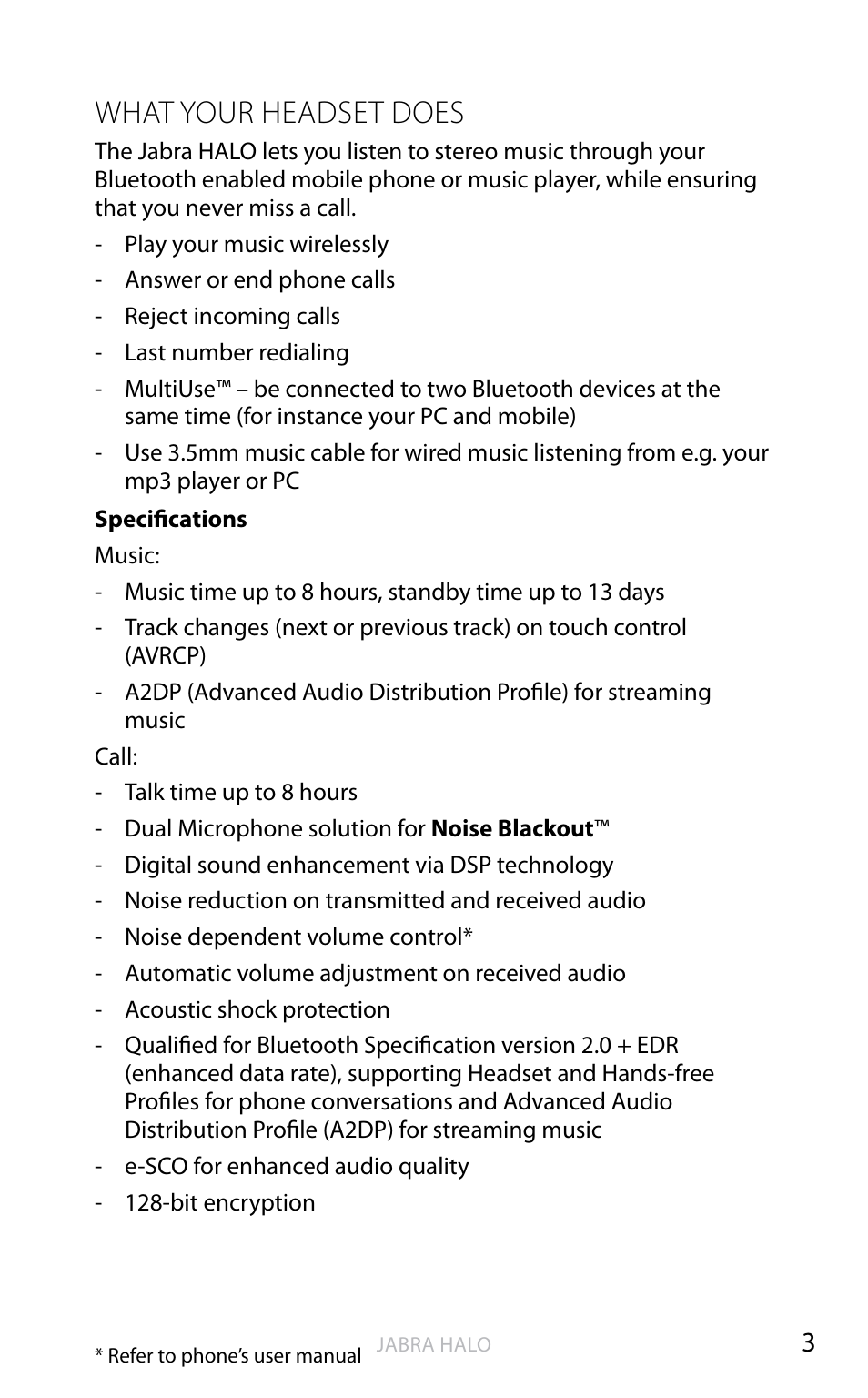 English, What your headset does | Jabra HALO BT650s User Manual | Page 6 / 518