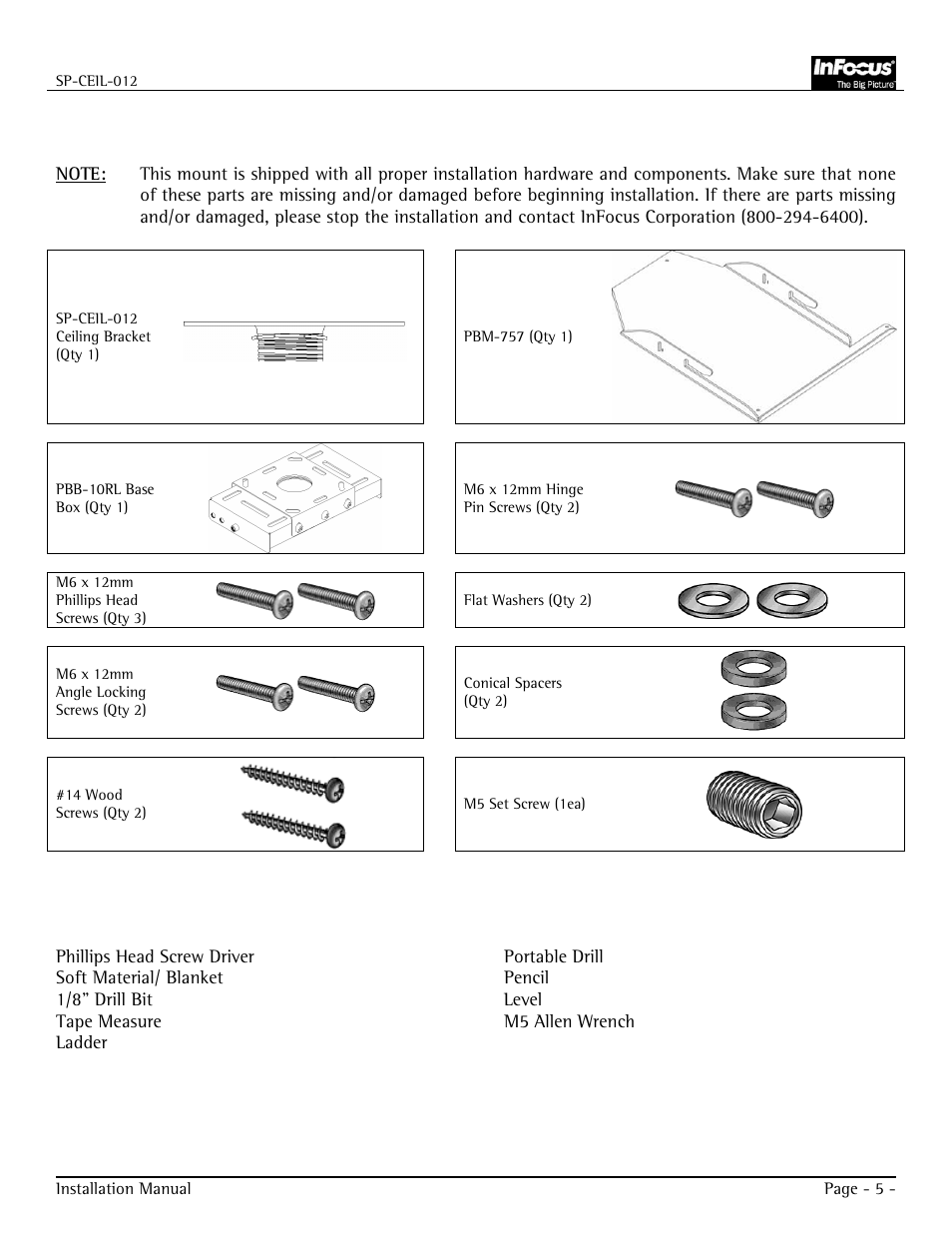 Parts list, Installation tools | Jabra SP-CEIL-012 User Manual | Page 5 / 14