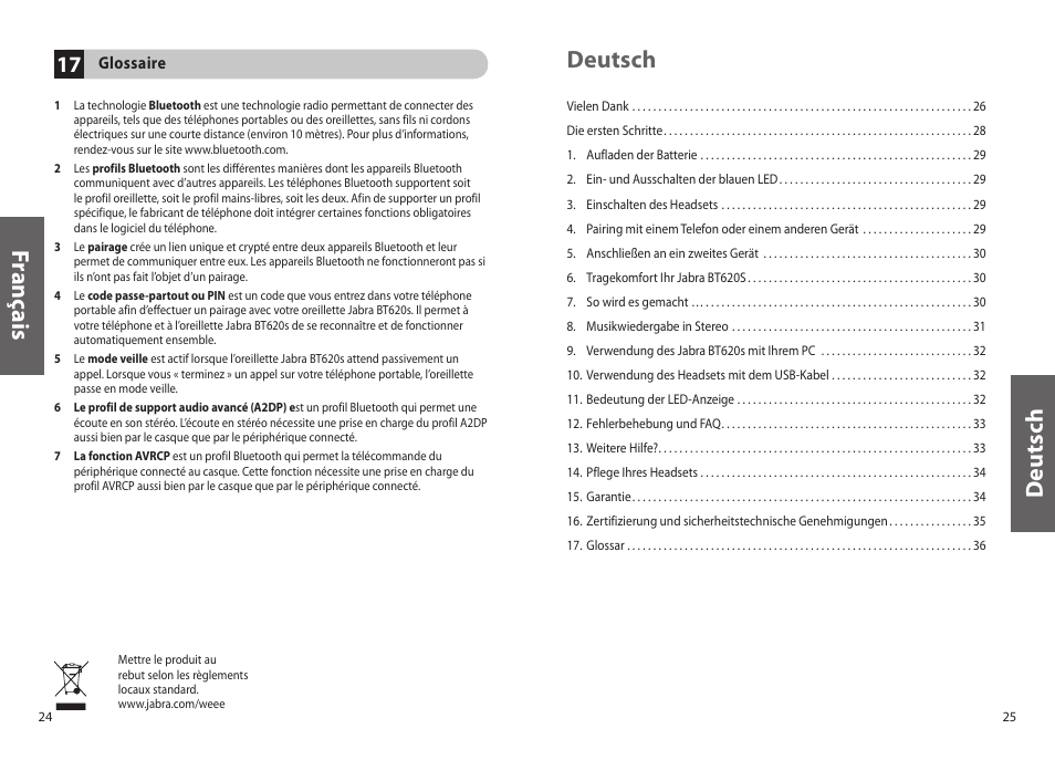 Fr an ça is, Deu ts ch deutsch | Jabra BT620s User Manual | Page 15 / 75