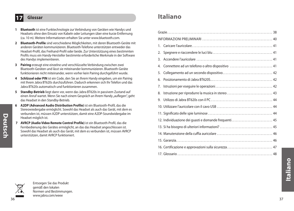 Deu ts ch, It al ia n o italiano | Jabra BT620s User Manual | Page 21 / 75