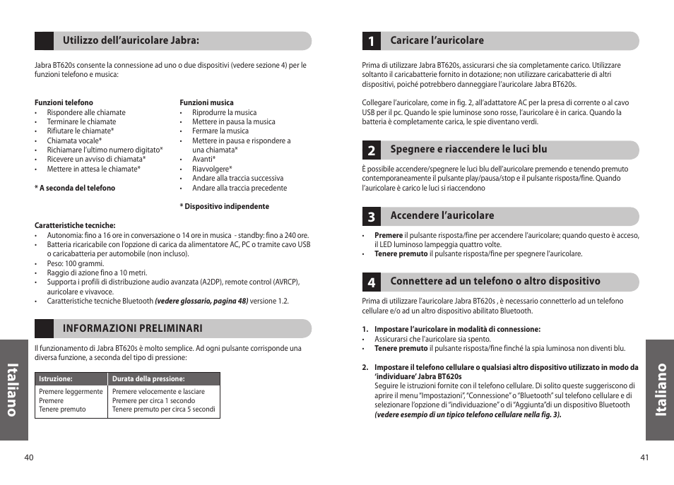 Ita lia n o, It al ia n o | Jabra BT620s User Manual | Page 23 / 75
