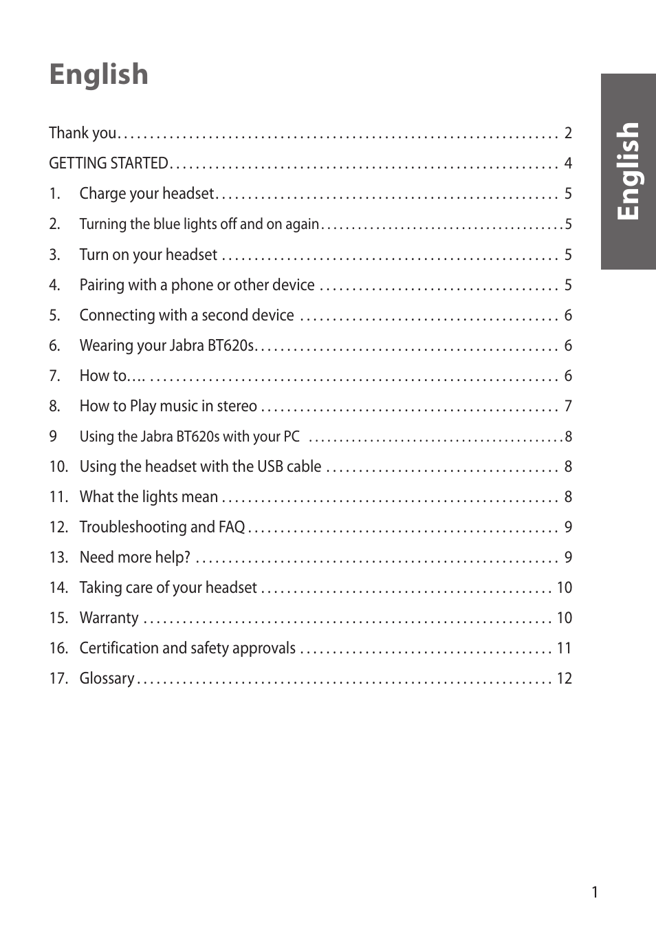 En g lis h english | Jabra BT620s User Manual | Page 3 / 75