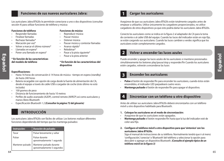 Es p añ o l | Jabra BT620s User Manual | Page 35 / 75