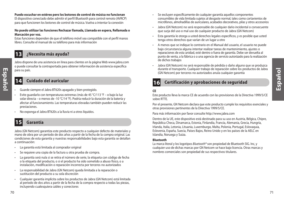 Es p añ o l | Jabra BT620s User Manual | Page 38 / 75