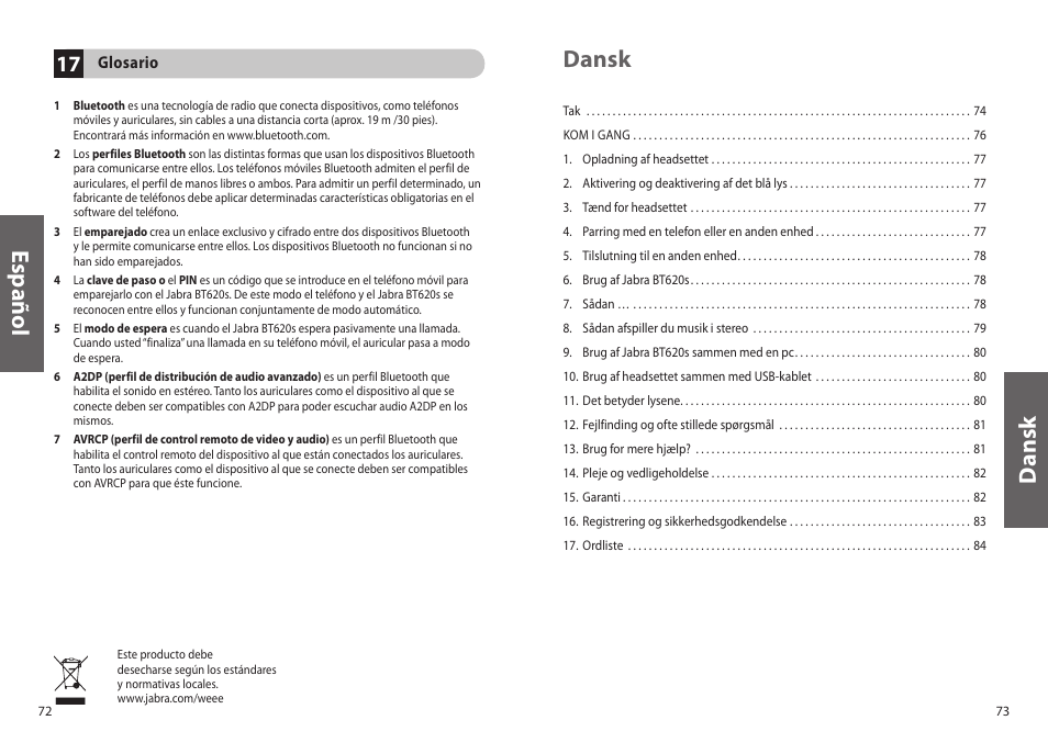 Es p añ o l, Dan sk dansk | Jabra BT620s User Manual | Page 39 / 75