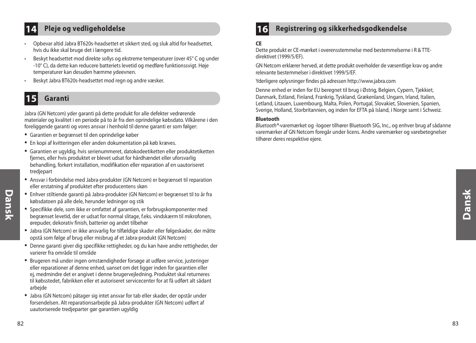 Dan sk | Jabra BT620s User Manual | Page 44 / 75