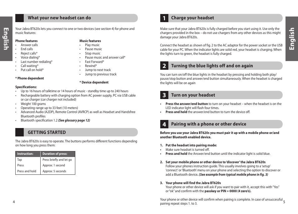 En g lis h | Jabra BT620s User Manual | Page 5 / 75