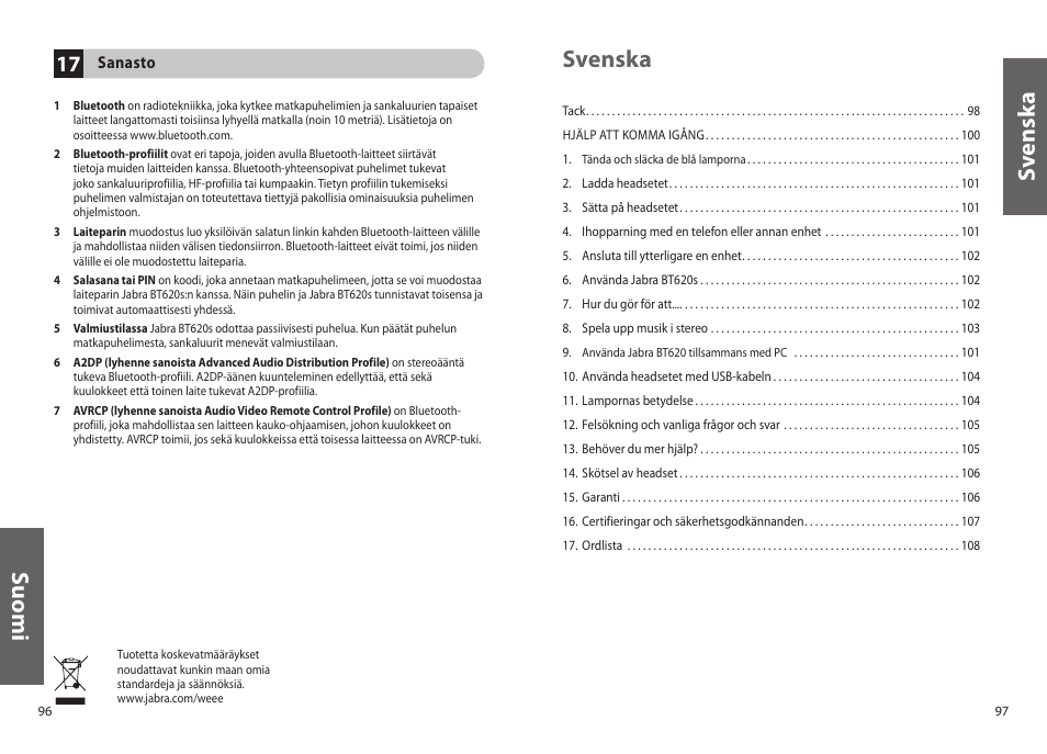 Su o m i, Sv en sk a svenska | Jabra BT620s User Manual | Page 51 / 75