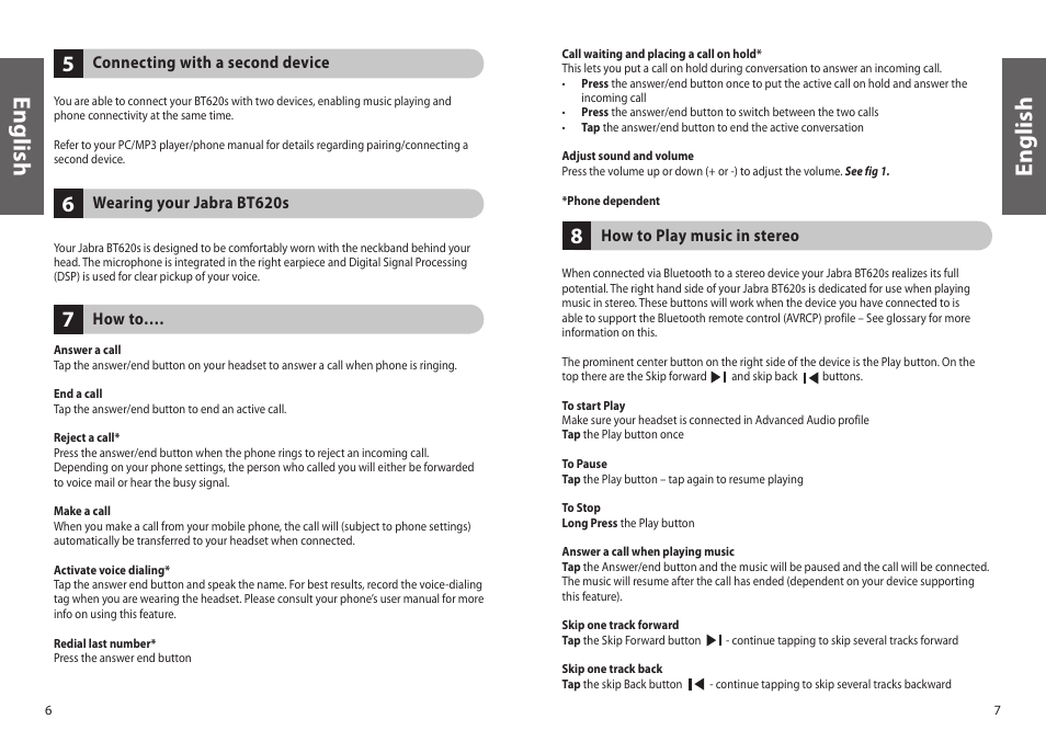 En g lis h | Jabra BT620s User Manual | Page 6 / 75