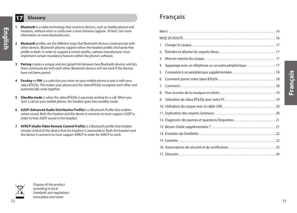 En g lis h, Fr an ça is fr an ça is français | Jabra BT620s User Manual | Page 9 / 75