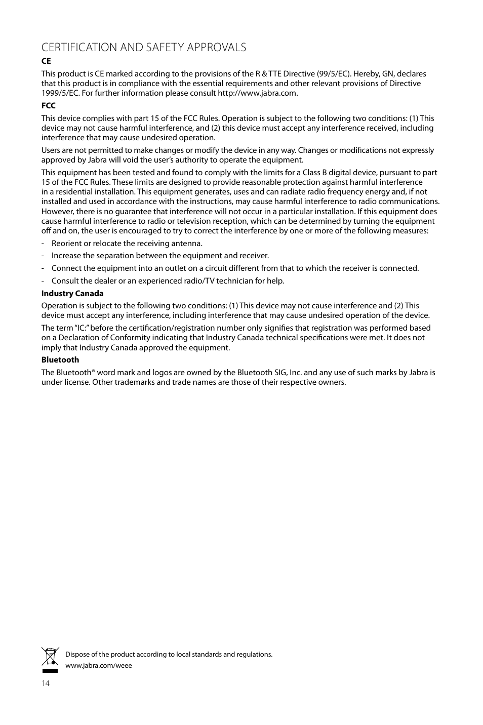 Certification and safety approvals | Jabra Duo anD mono heaDset 2400 User Manual | Page 14 / 15